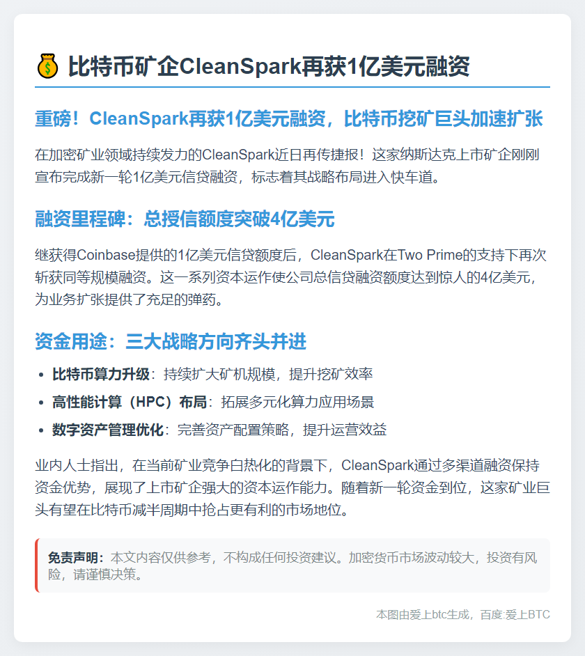 比特币矿企CleanSpark再获1亿美元融资