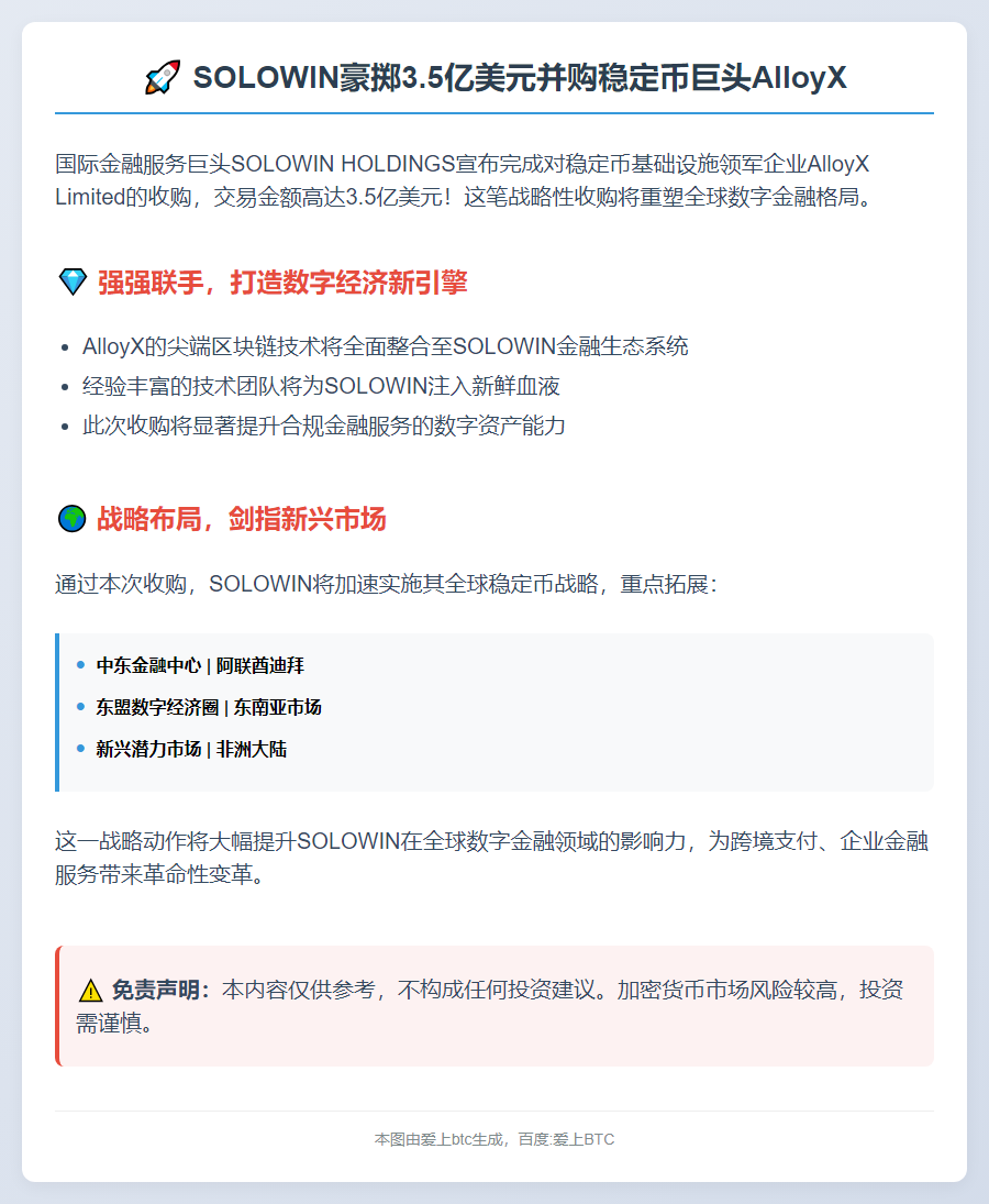 SOLOWIN以3.5亿美元收购稳定币商AlloyX