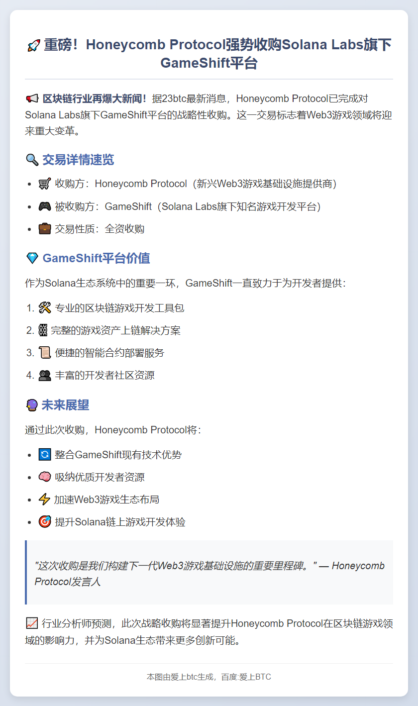Honeycomb Protocol 收购 Solana Labs 游戏平台 GameShift