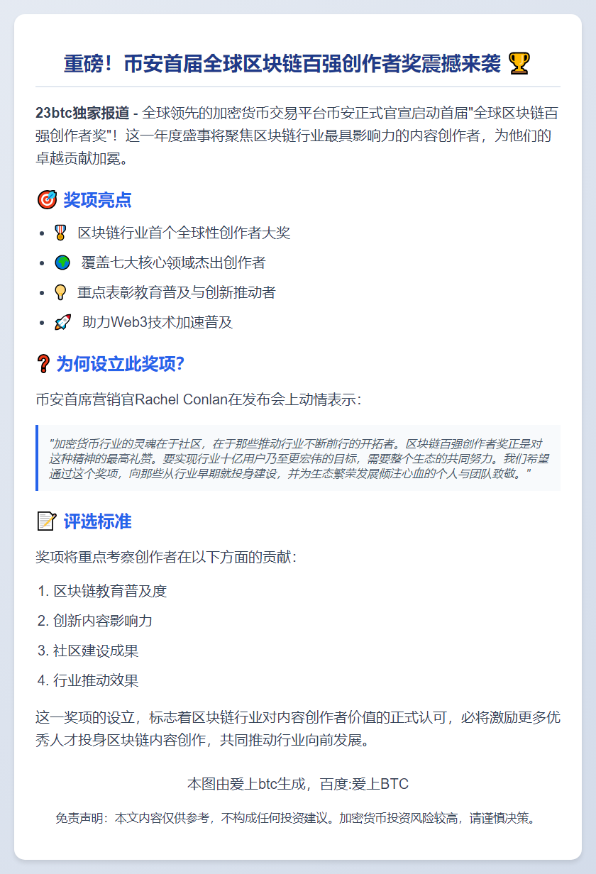 币安设立区块链百强创作者奖