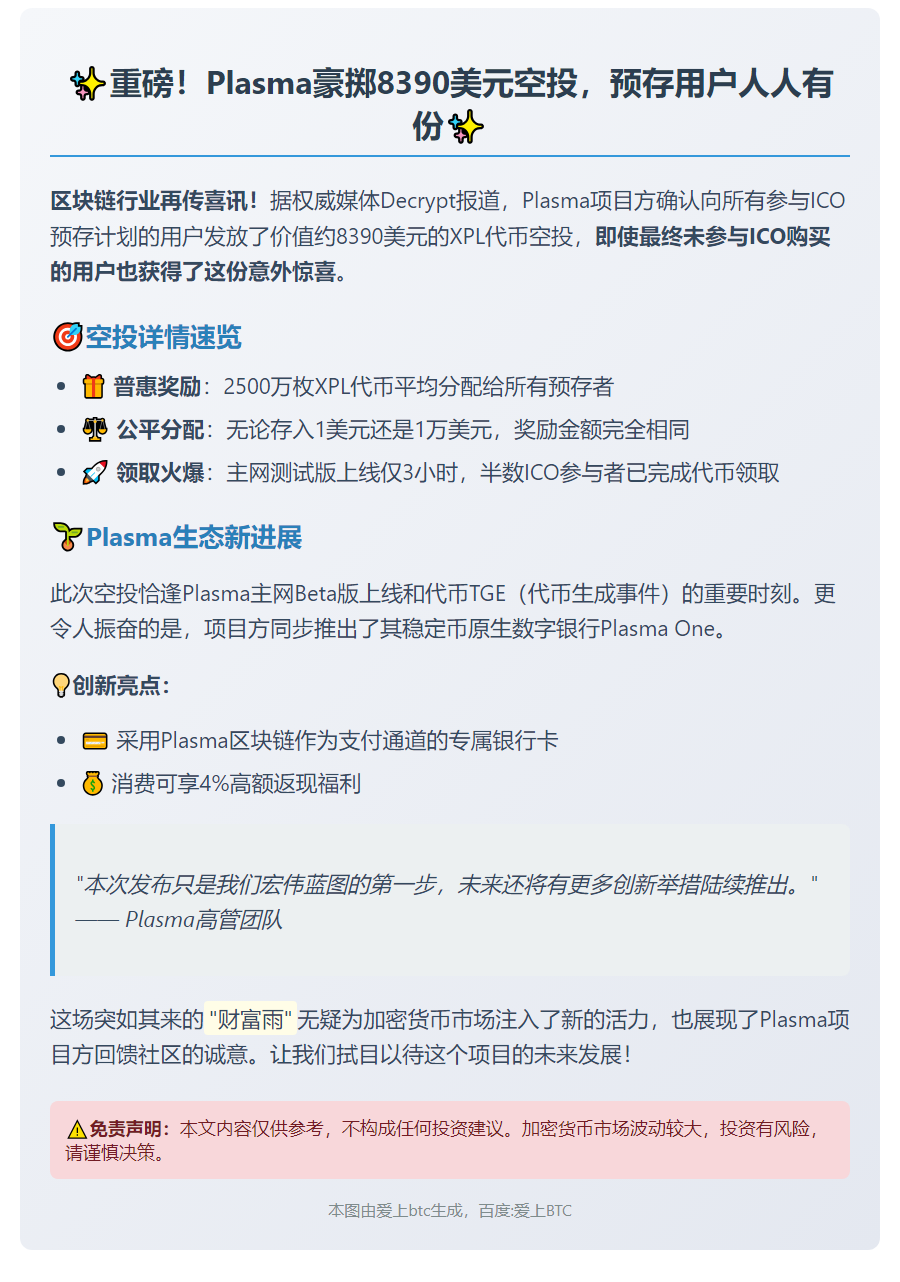Plasma ICO预存用户获8390美元XPL空投