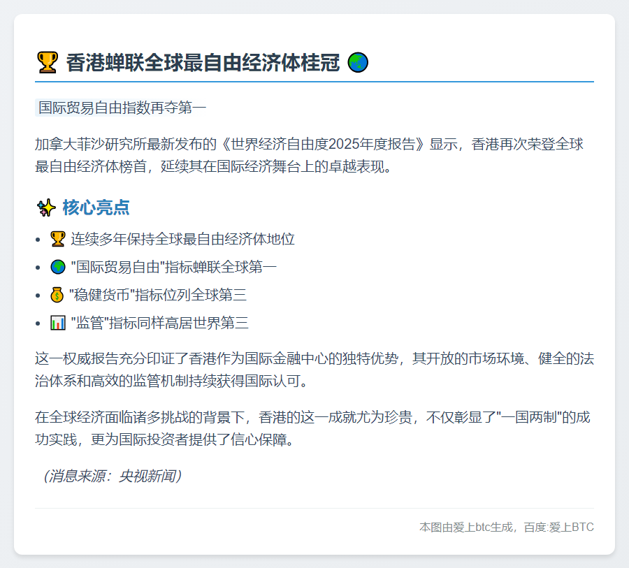 香港蝉联全球最自由经济体