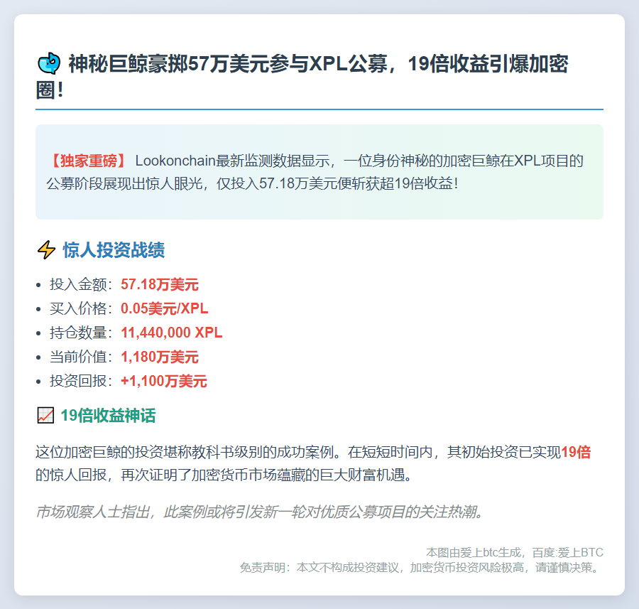 鲸鱼豪掷57万刀投XPL公募，浮盈破1100万