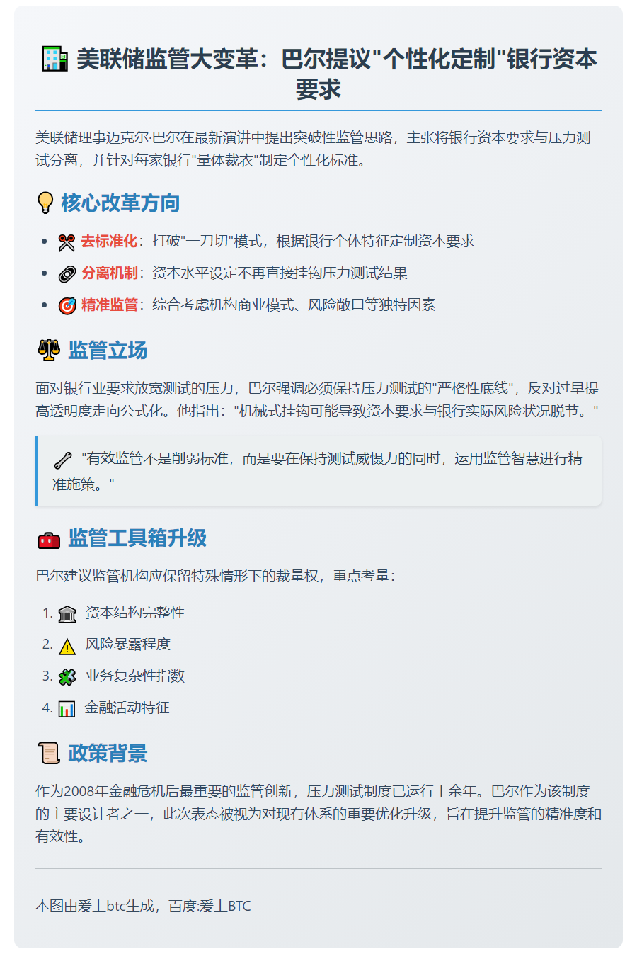 巴尔呼吁银行资本要求与压力测试脱钩