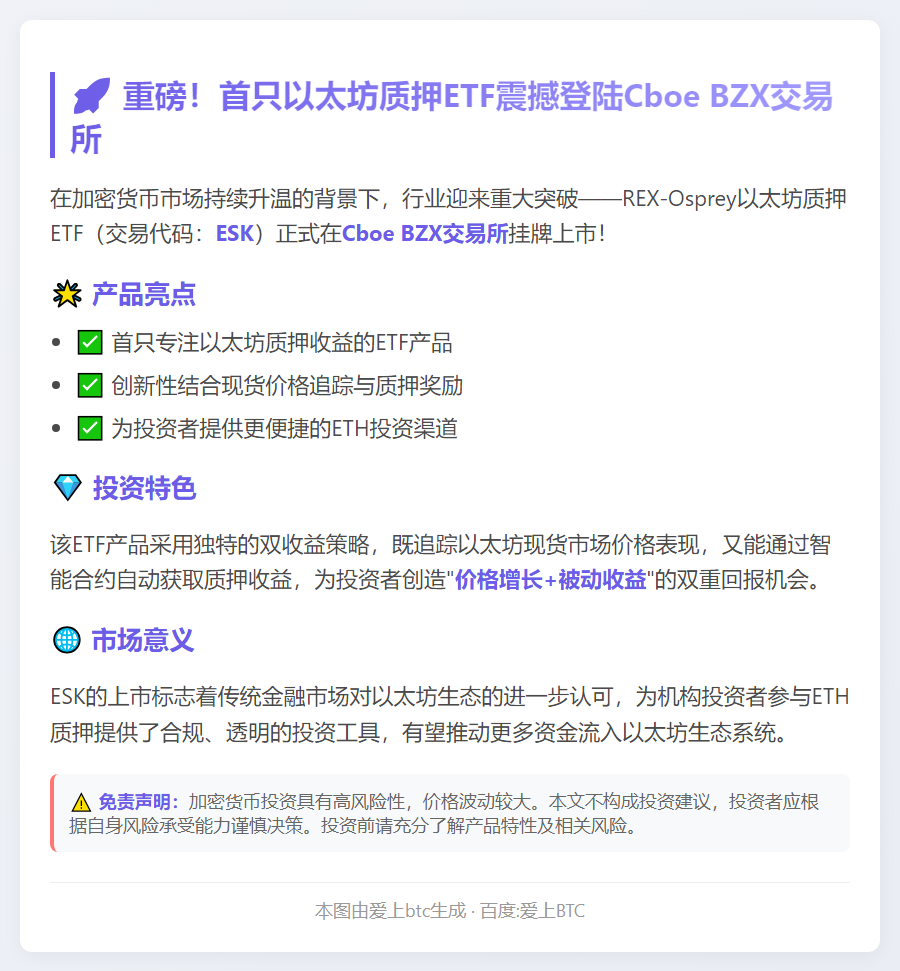 REX-Osprey以太坊质押ETF在Cboe BZX交易所上市