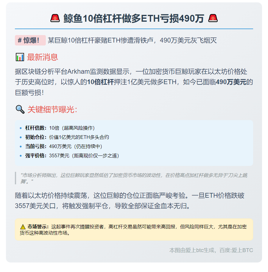鲸鱼10倍杠杆做多ETH亏损490万