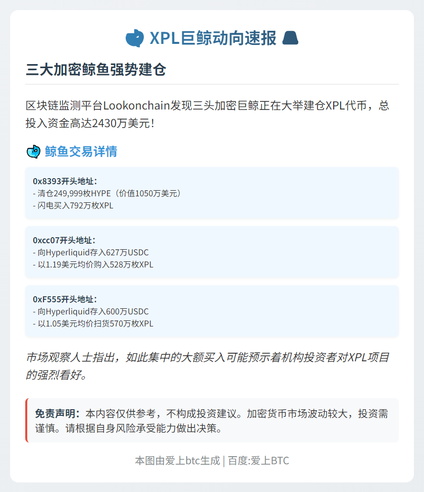 3鲸鱼建仓1890万XPL，价值2430万美元
