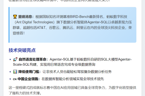 蚂蚁数科Agentar-SQL全球第一
