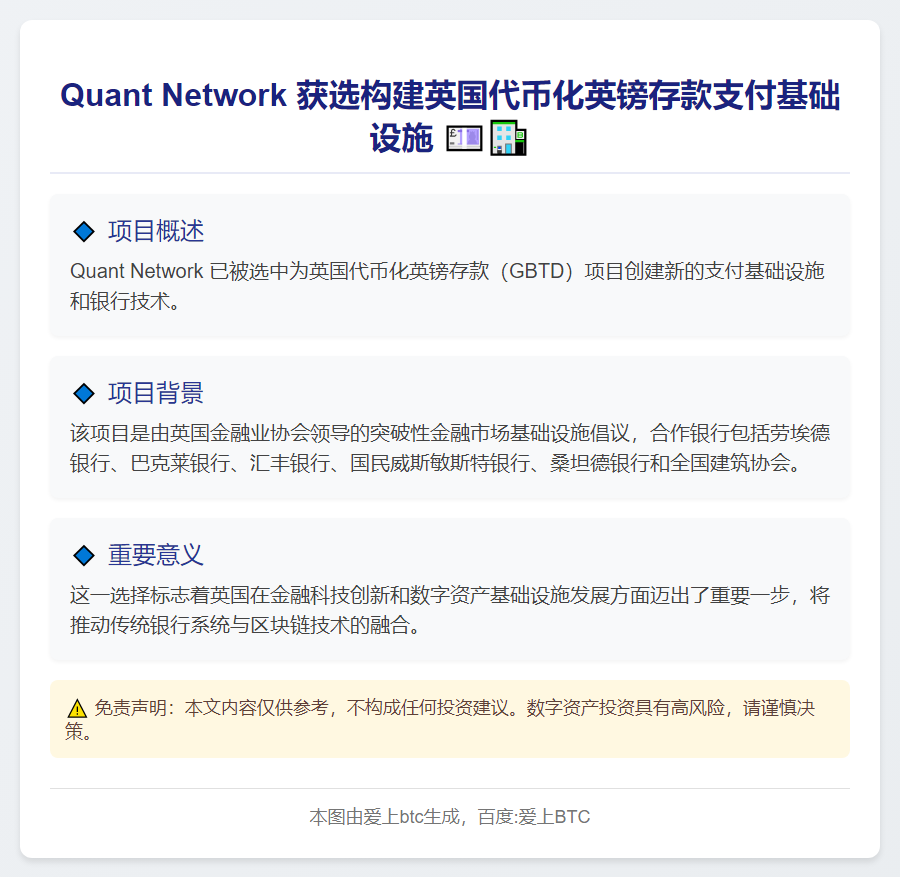 Quant Network 获选构建英国代币化英镑存款支付基础设施