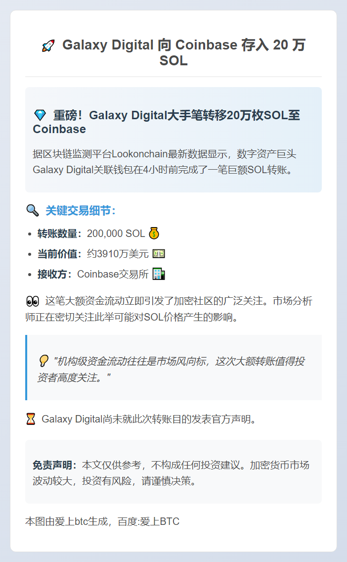 Galaxy Digital 向 Coinbase 存入 20 万 SOL