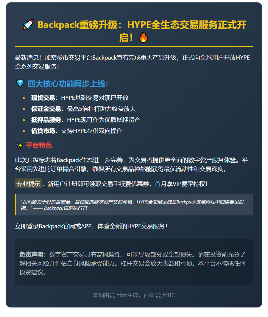 Backpack上线HYPE现货及保证金交易