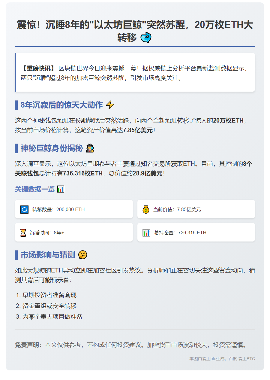 8年沉寂钱包突转20万ETH，价值7.85亿