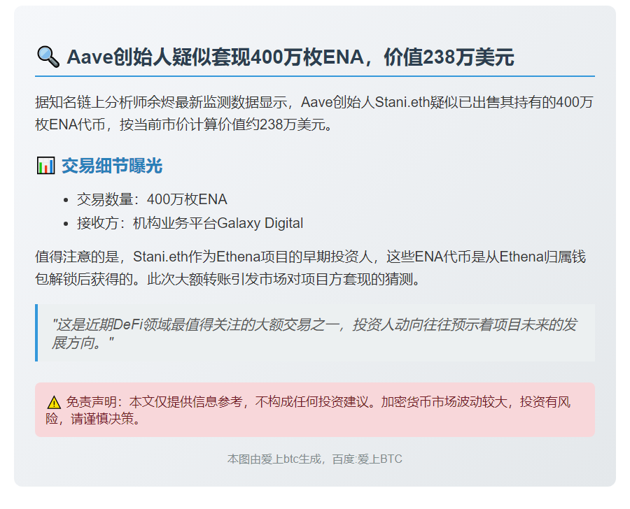 Stani.eth疑似抛售400万枚ENA