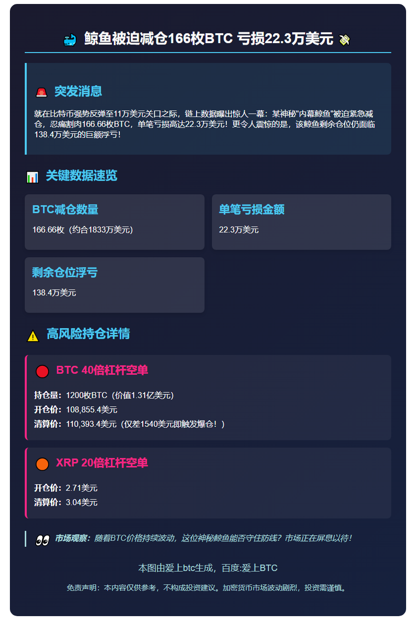 "鲸鱼被迫减仓166枚BTC 亏损22.3万美元"
