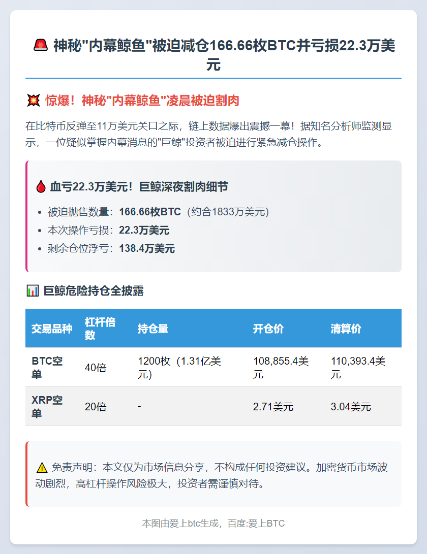 某内幕鲸鱼被迫减仓166.66枚BTC并亏损22.3万美元