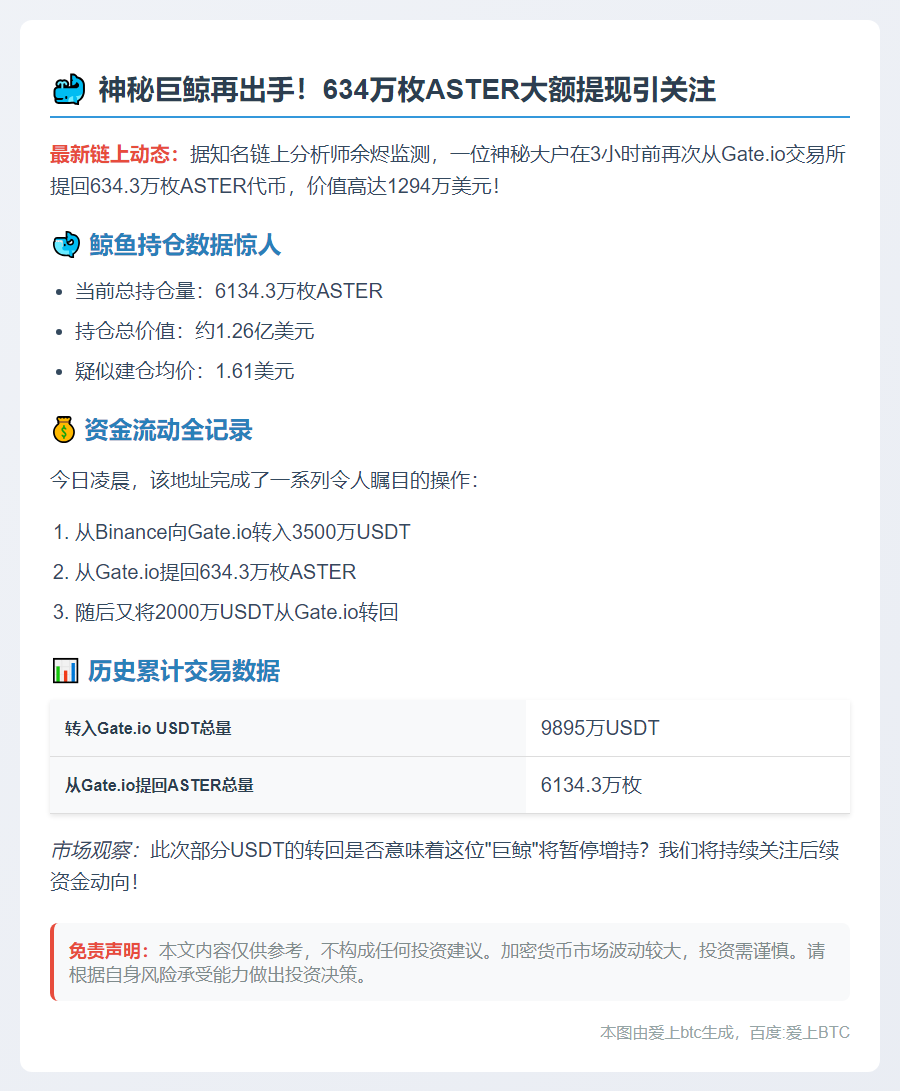鲸鱼再提634万枚ASTER，价值1294万美元