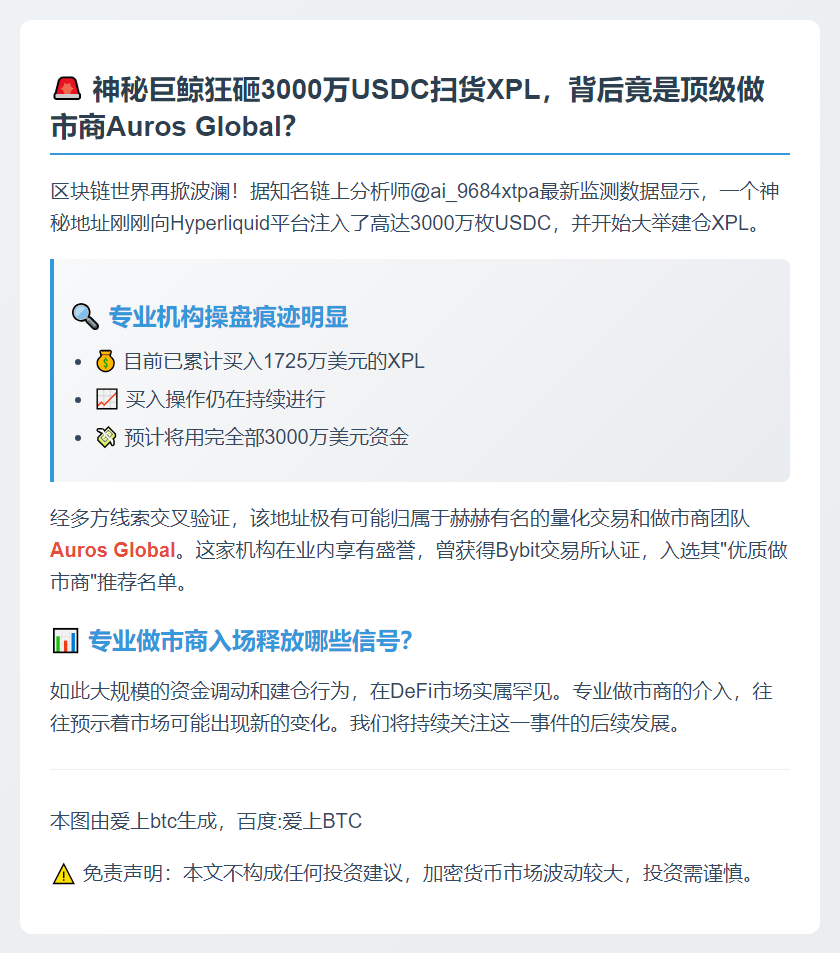 Auros疑似向Hyperliquid充值3000万USDC买入XPL