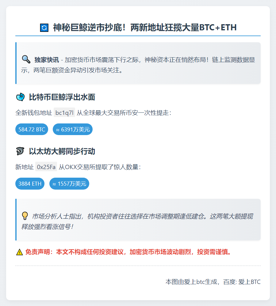 两新钱包从CEX提取大量BTC和ETH