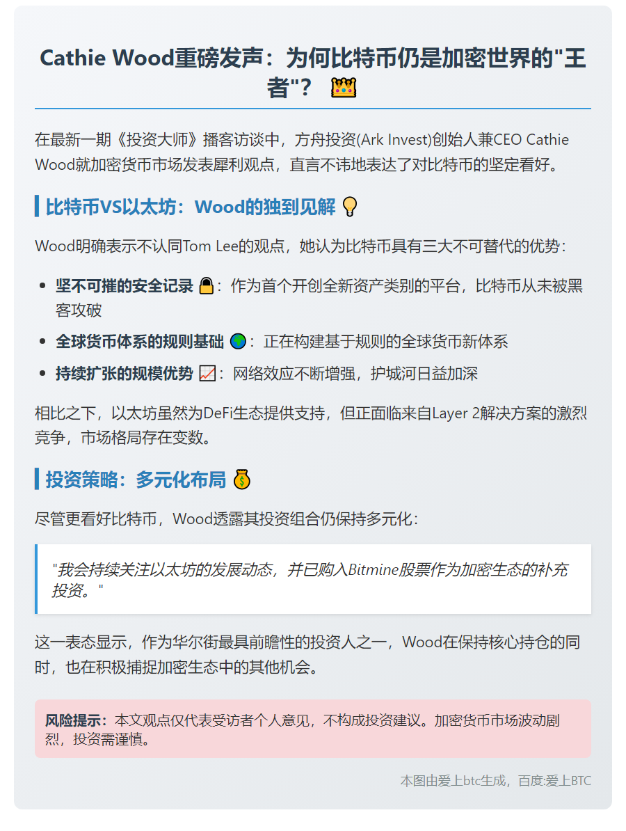 Cathie Wood：BTC稳健增长，ETH竞争激烈