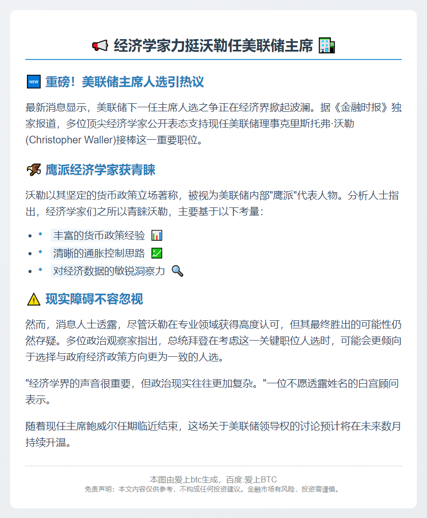 经济学家力挺沃勒任美联储主席
