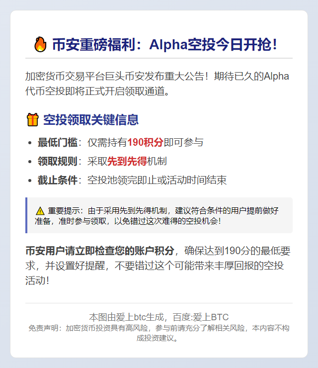 币安：今日 15:00 可领取 Alpha 空投，门槛为 190 积分