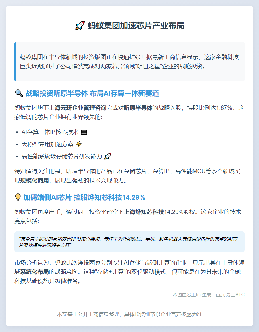 蚂蚁加速芯片布局，投资昕原半导体等