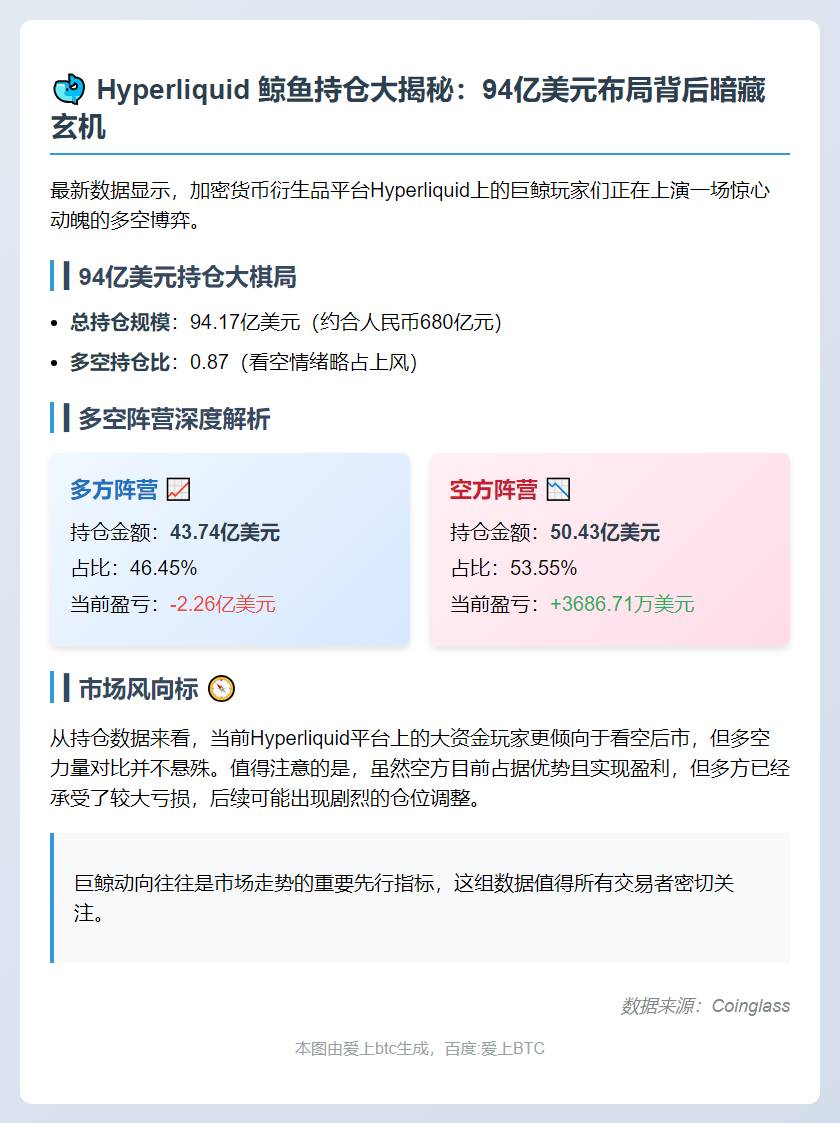Hyperliquid鲸鱼持仓94亿 多空比0.87
