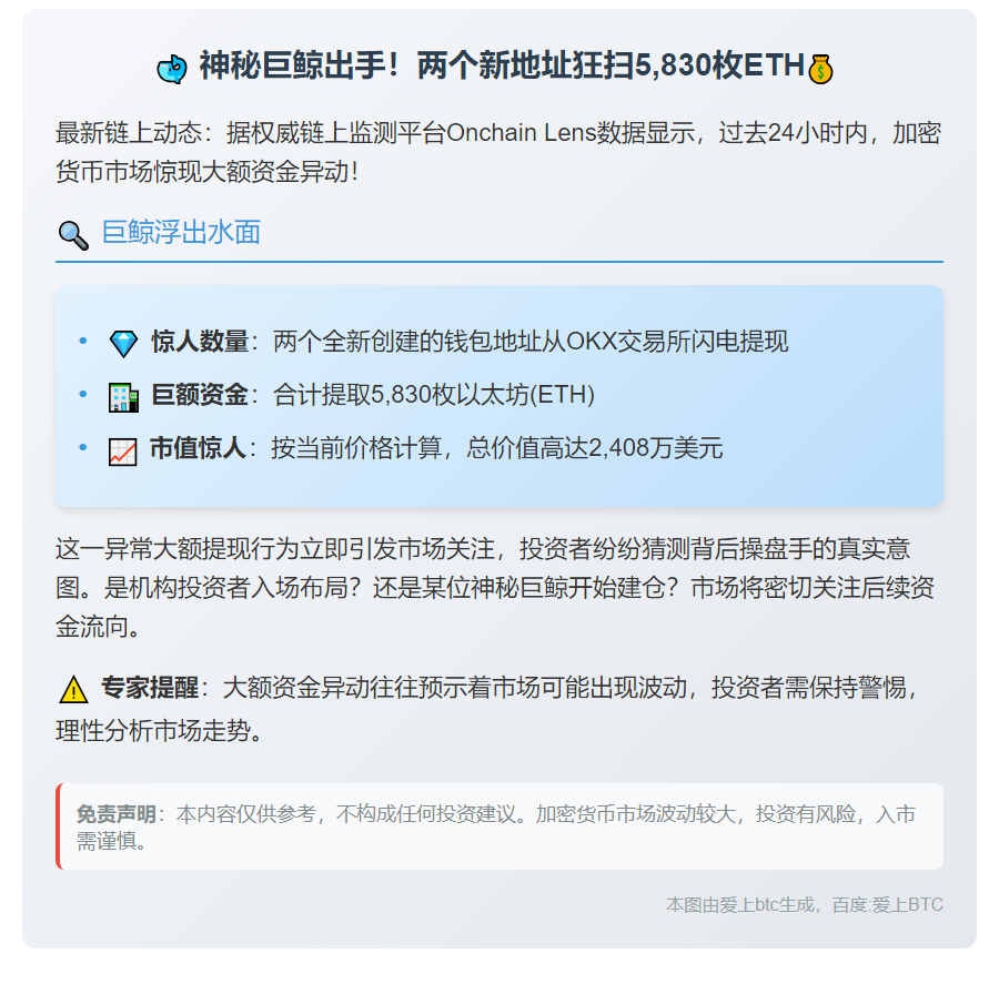 新建钱包囤积5830枚ETH 价值2408万美元