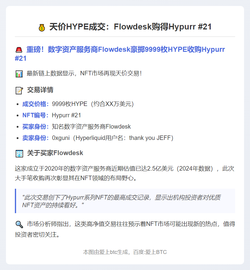 天价HYPE成交：Flowdesk购得Hypurr #21