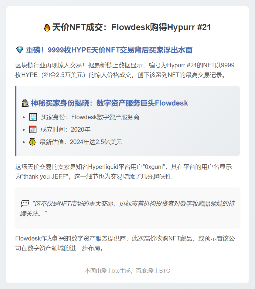 天价NFT成交：Flowdesk购得Hypurr #21
