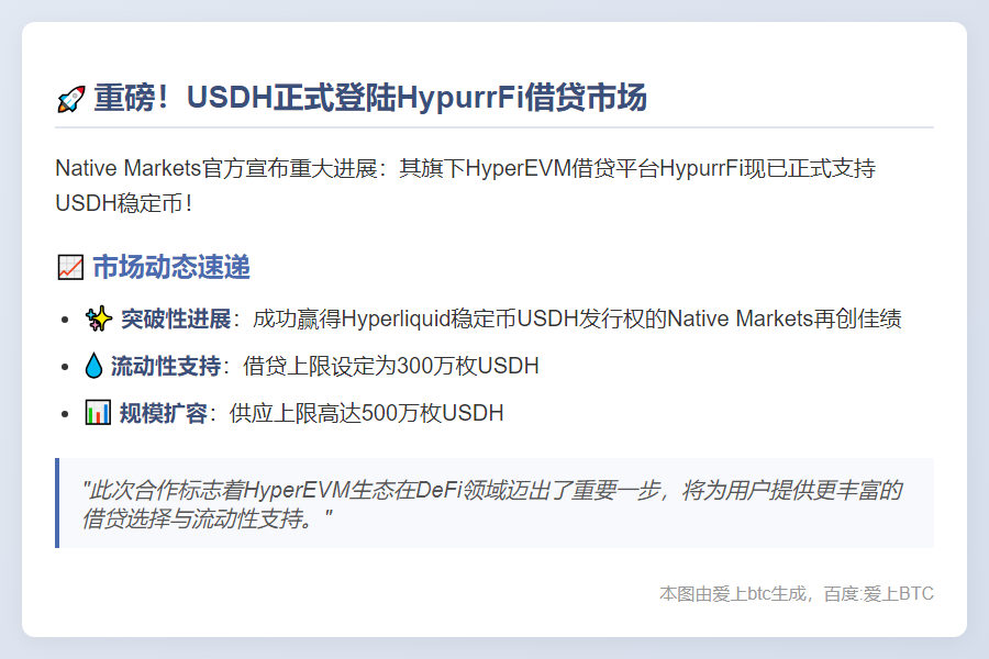 "HyperEVM借贷市场HypurrFi支持USDH"