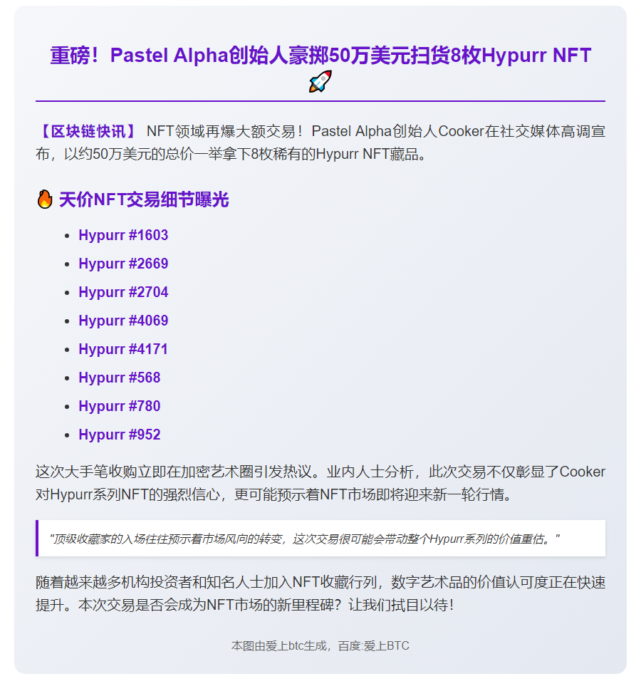 Pastel Alpha 豪掷 50 万美元购 8 枚 Hypurr NFT