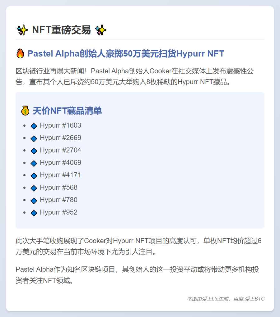 "Pastel Alpha创始人豪掷50万购8枚Hypurr NFT"