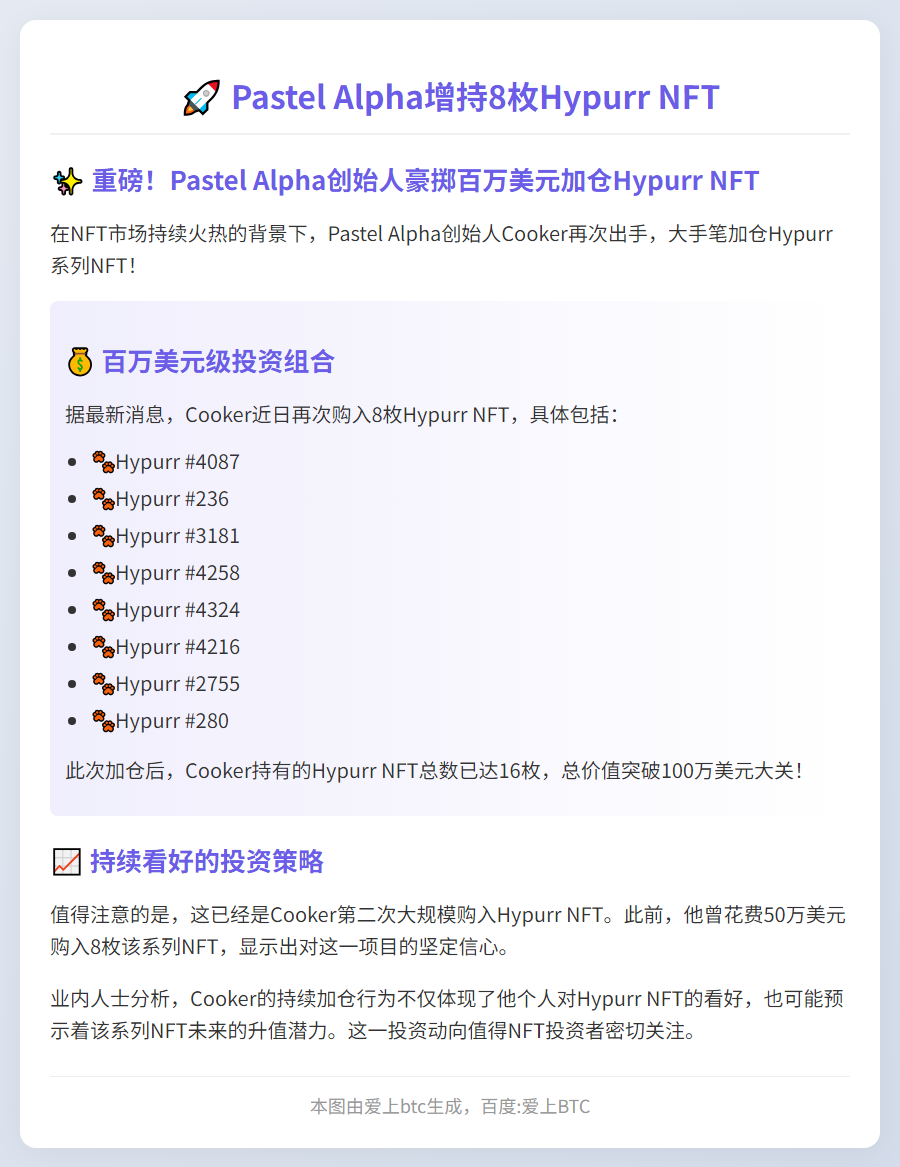 Pastel Alpha增持8枚Hypurr NFT
