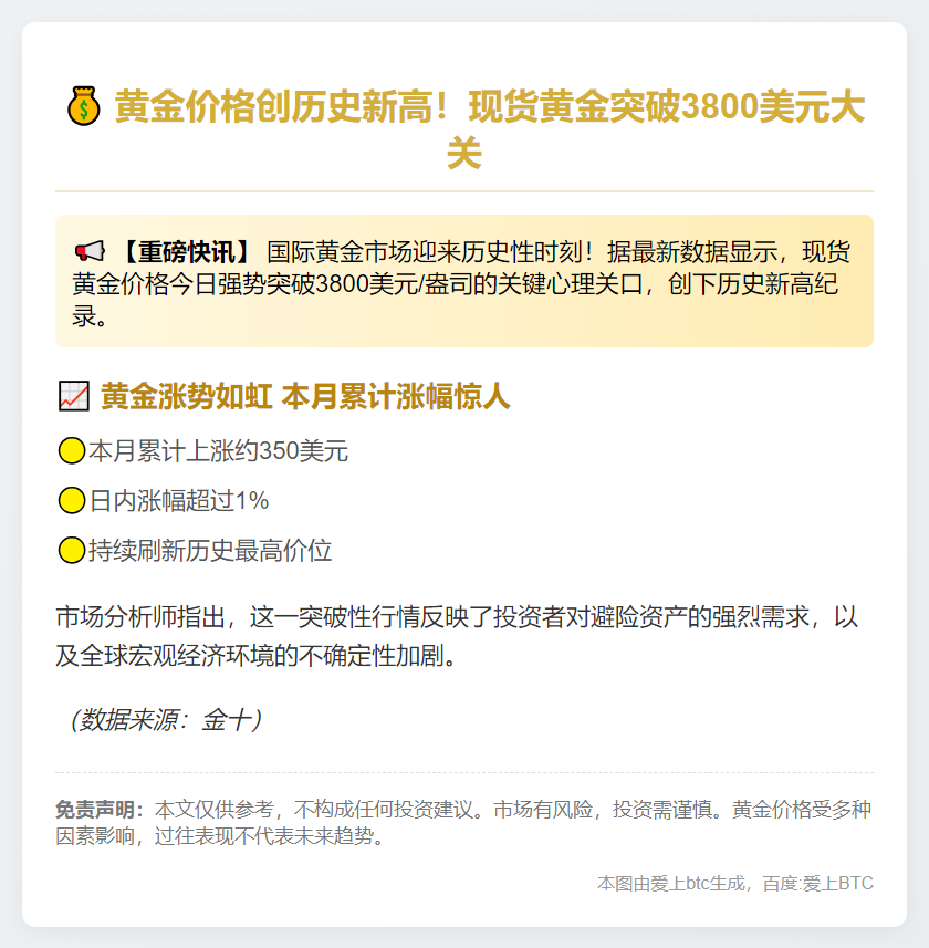 金价突破3800美元创历史新高