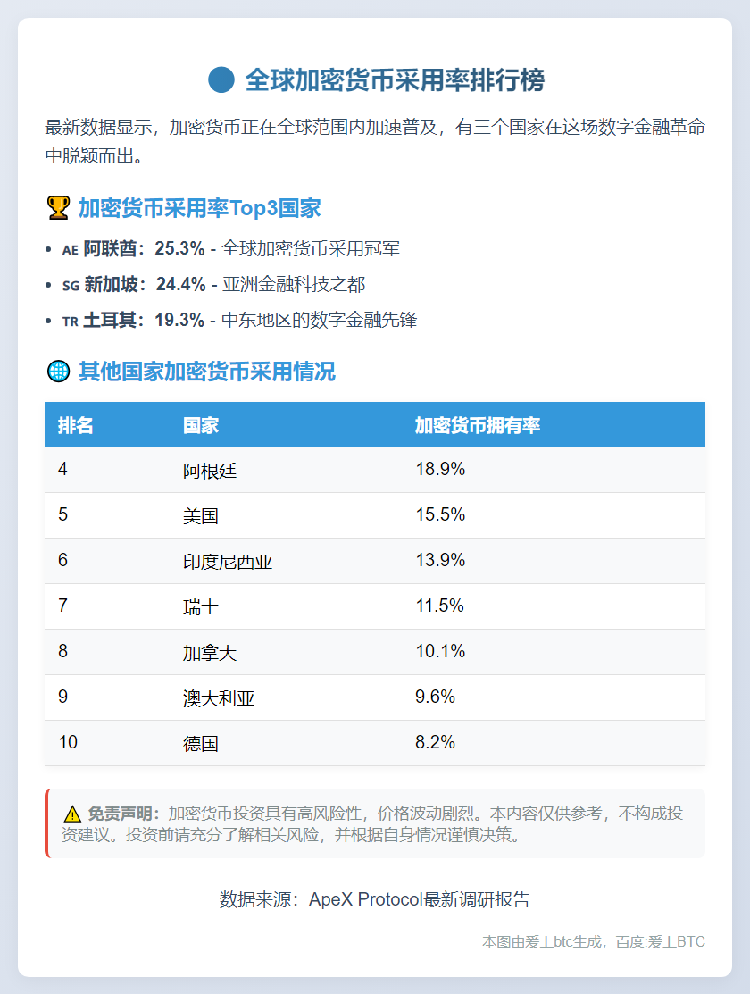 全球加密货币采用率前三：阿联酋、新加坡、土耳其