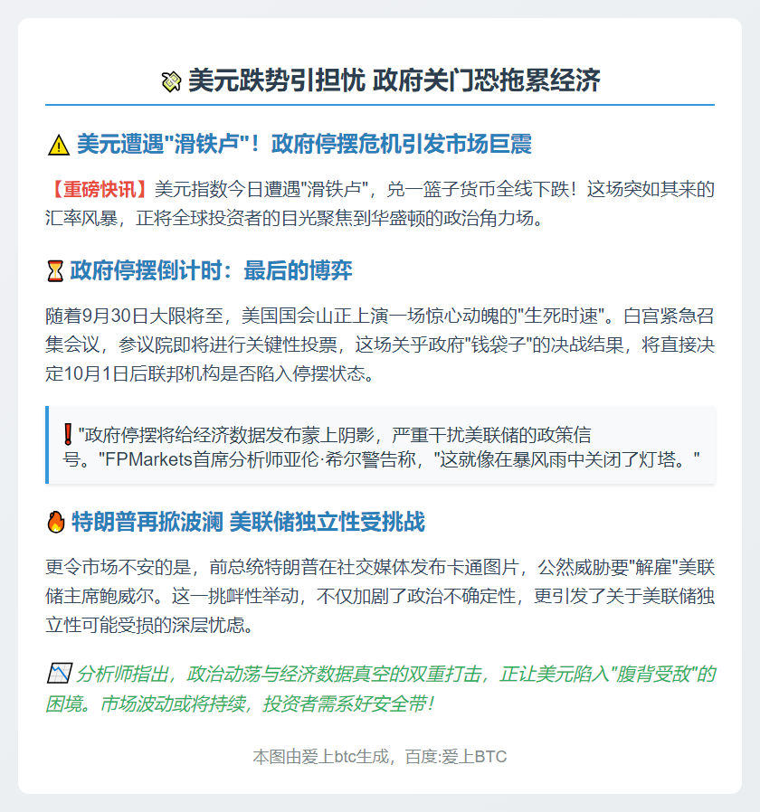 美元跌势引担忧 政府关门恐拖累经济