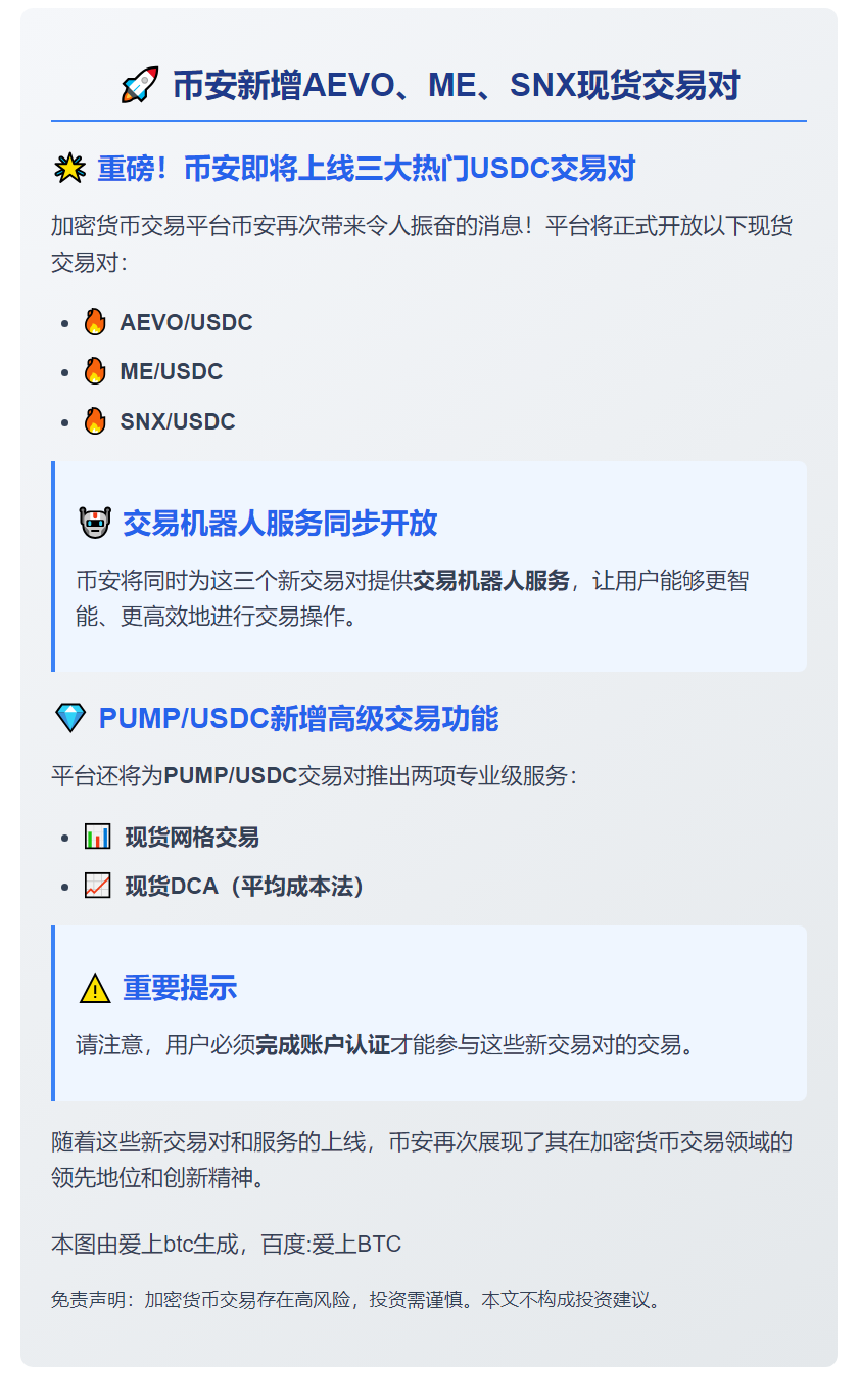 币安新增AEVO、ME、SNX现货交易对