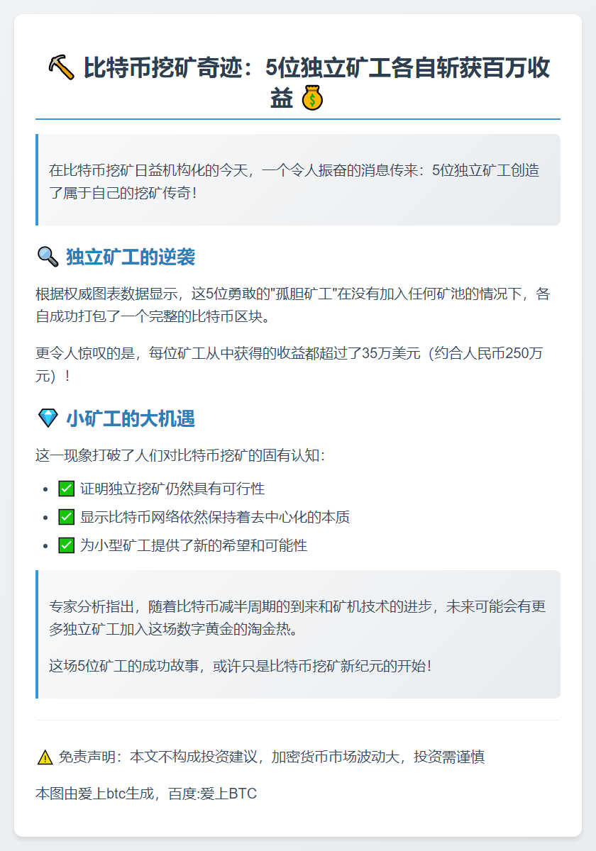 5名矿工2025年独立挖出比特币区块