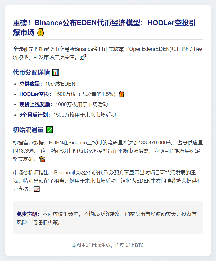 Binance公布EDEN代币经济：1.5%空投HODLer