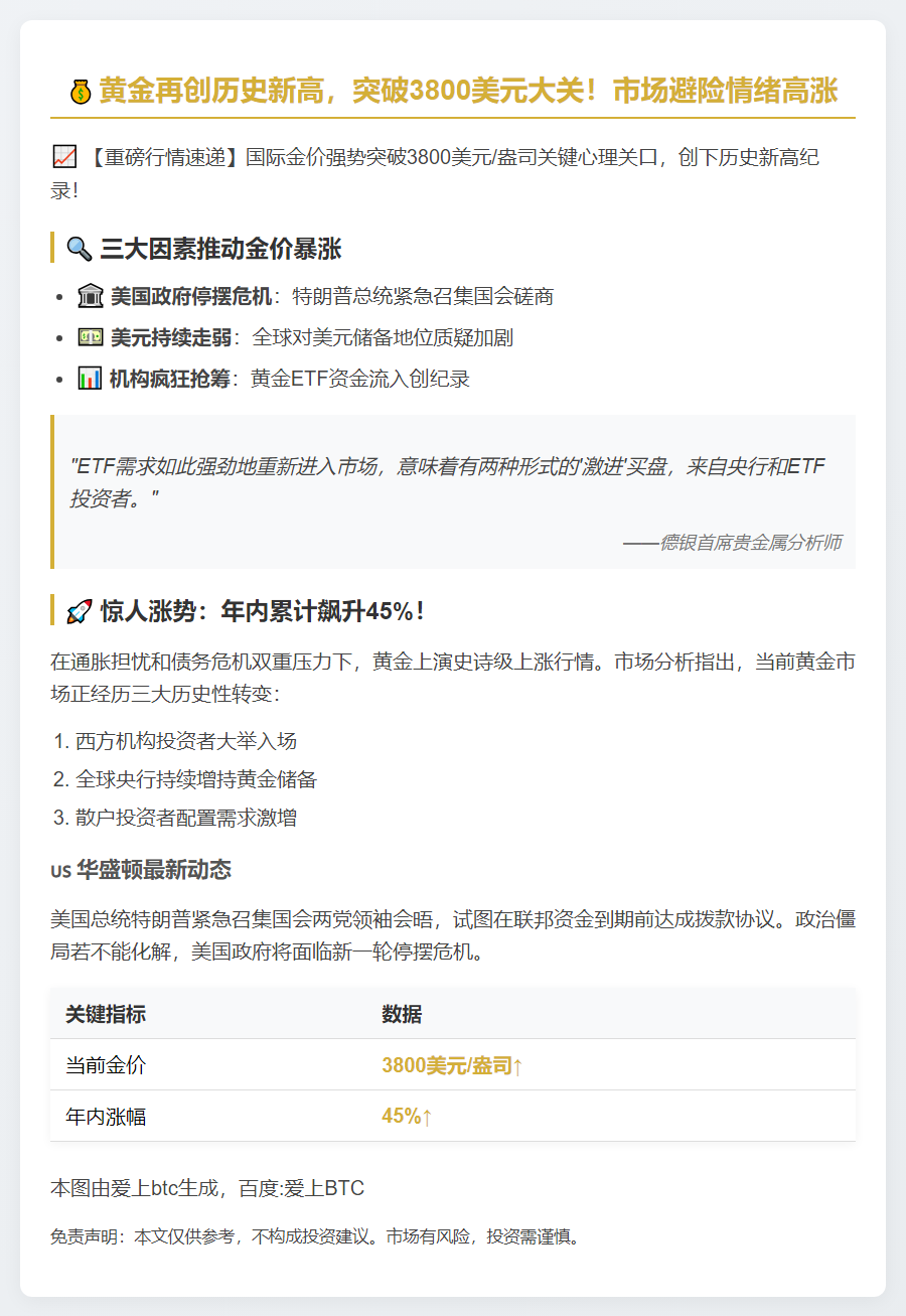 美政府停摆风险推高金价