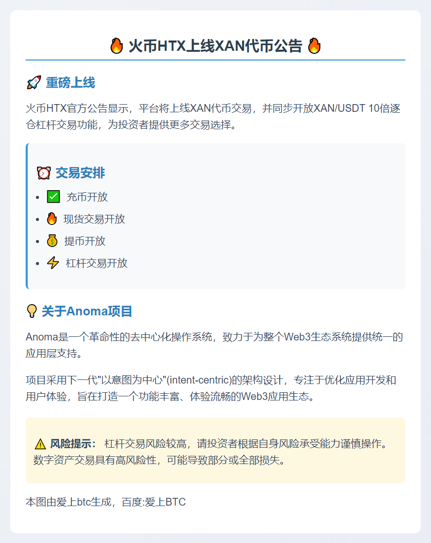 火币HTX今日18时上线XAN并开杠杆交易