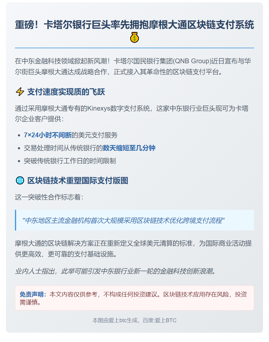 卡塔尔银行用摩根大通区块链处理美元支付