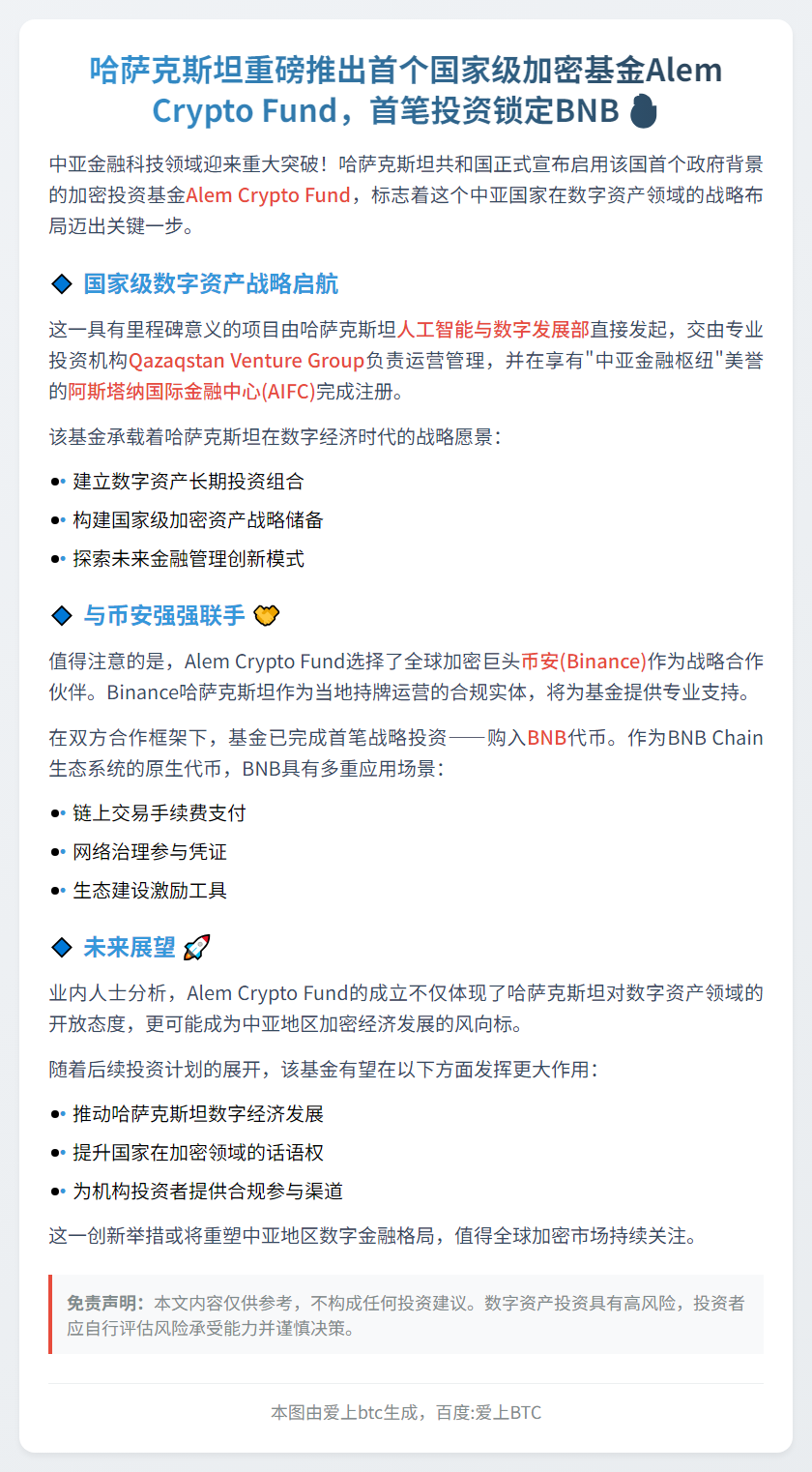 哈萨克斯坦首支加密基金Alem投资BNB