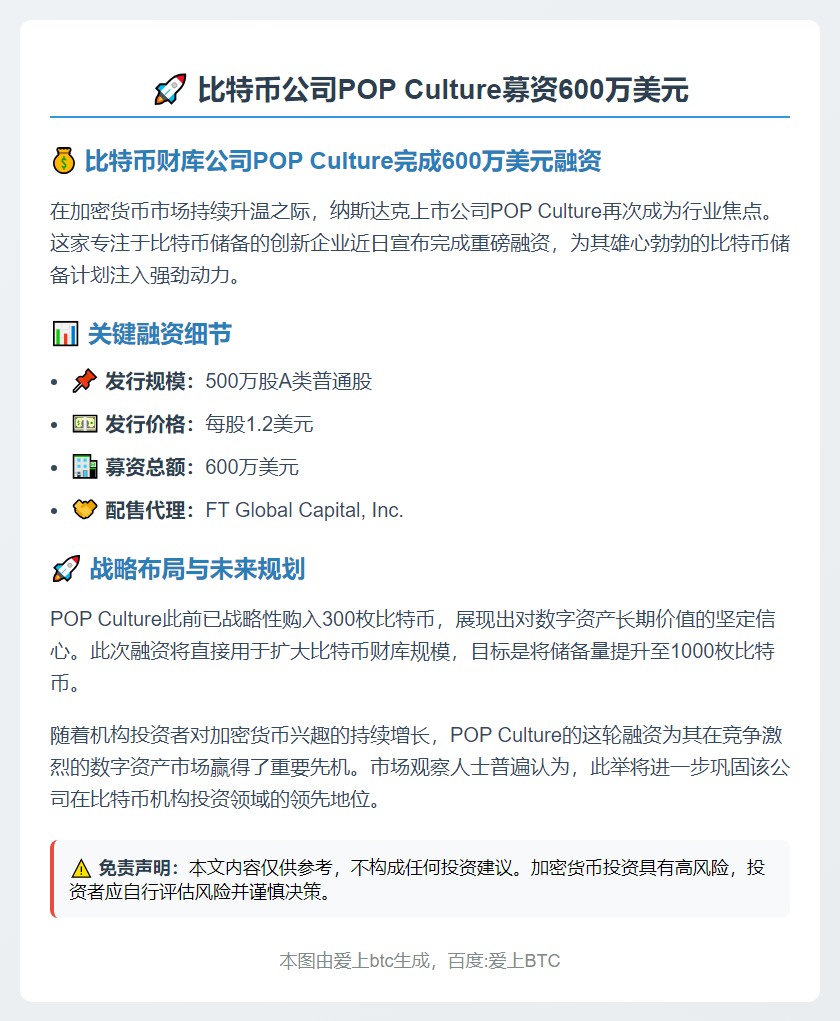 比特币公司POP Culture募资600万美元
