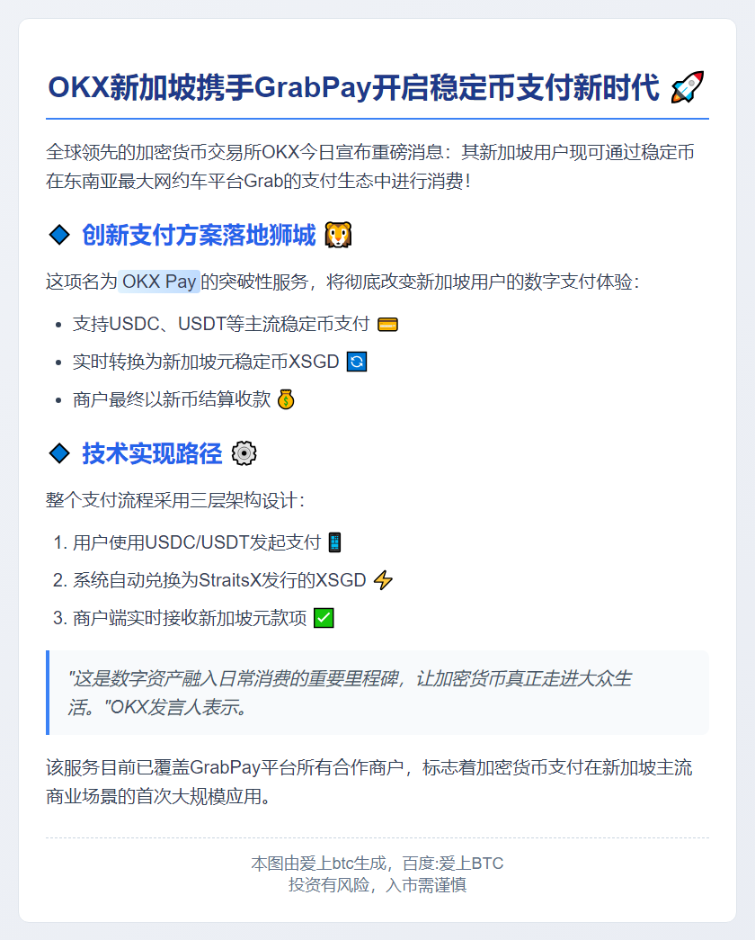 OKX新加坡支持GrabPay稳定币支付