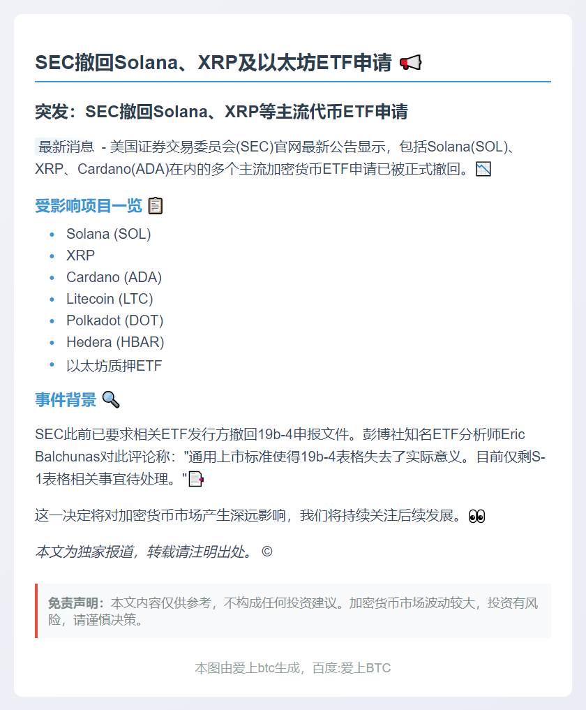SEC撤回Solana、XRP及以太坊ETF申请