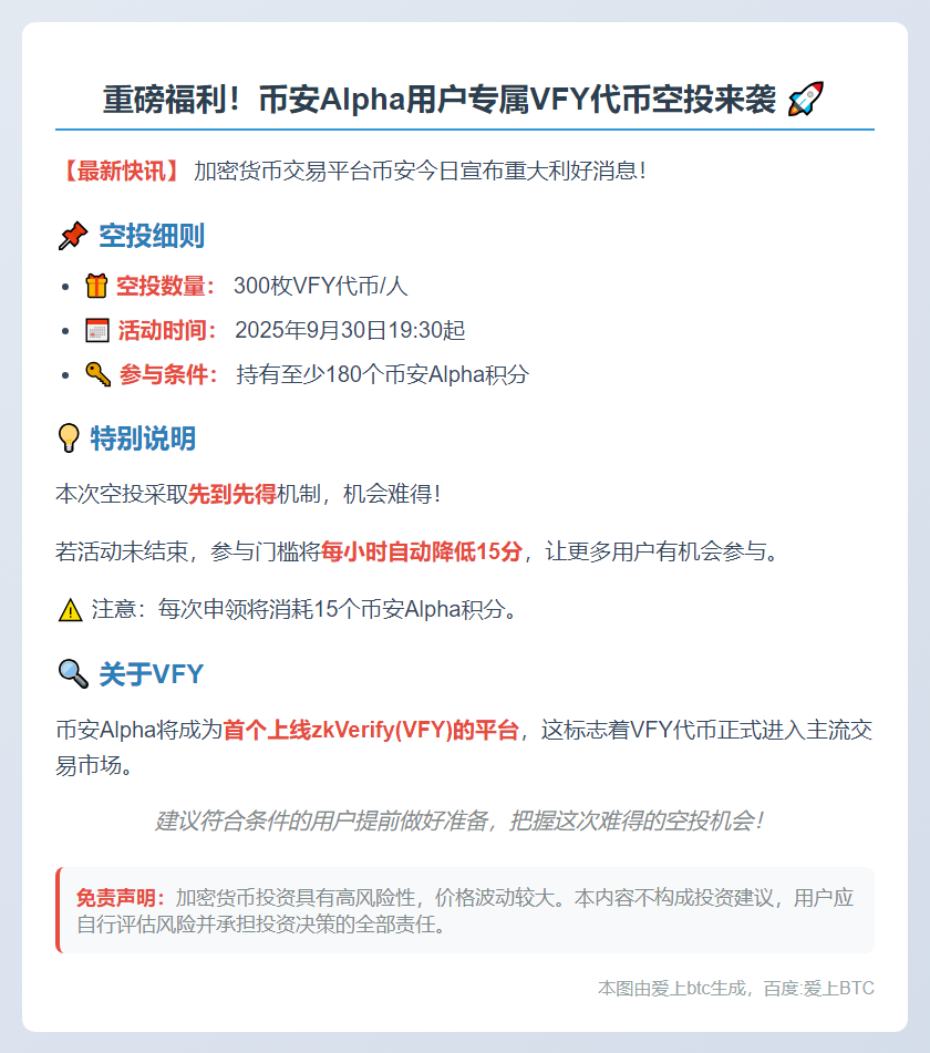 币安空投：180 Alpha积分换300 VFY
