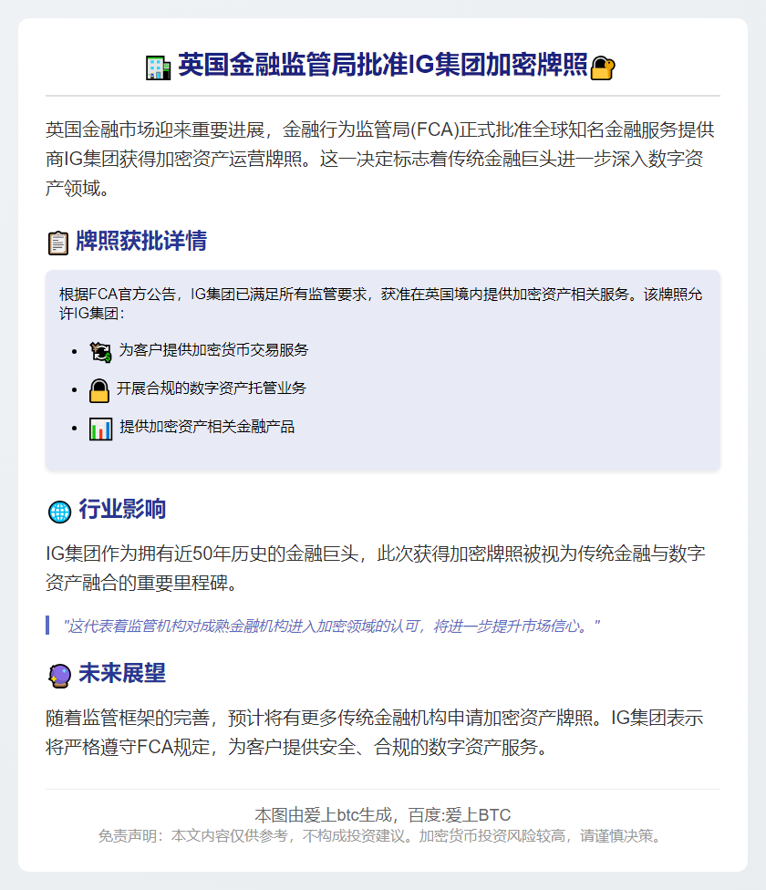 英金融监管局批准IG集团加密牌照