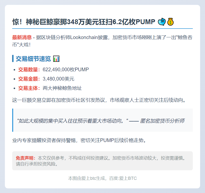 巨鲸豪掷348万美元狂买6.2亿PUMP